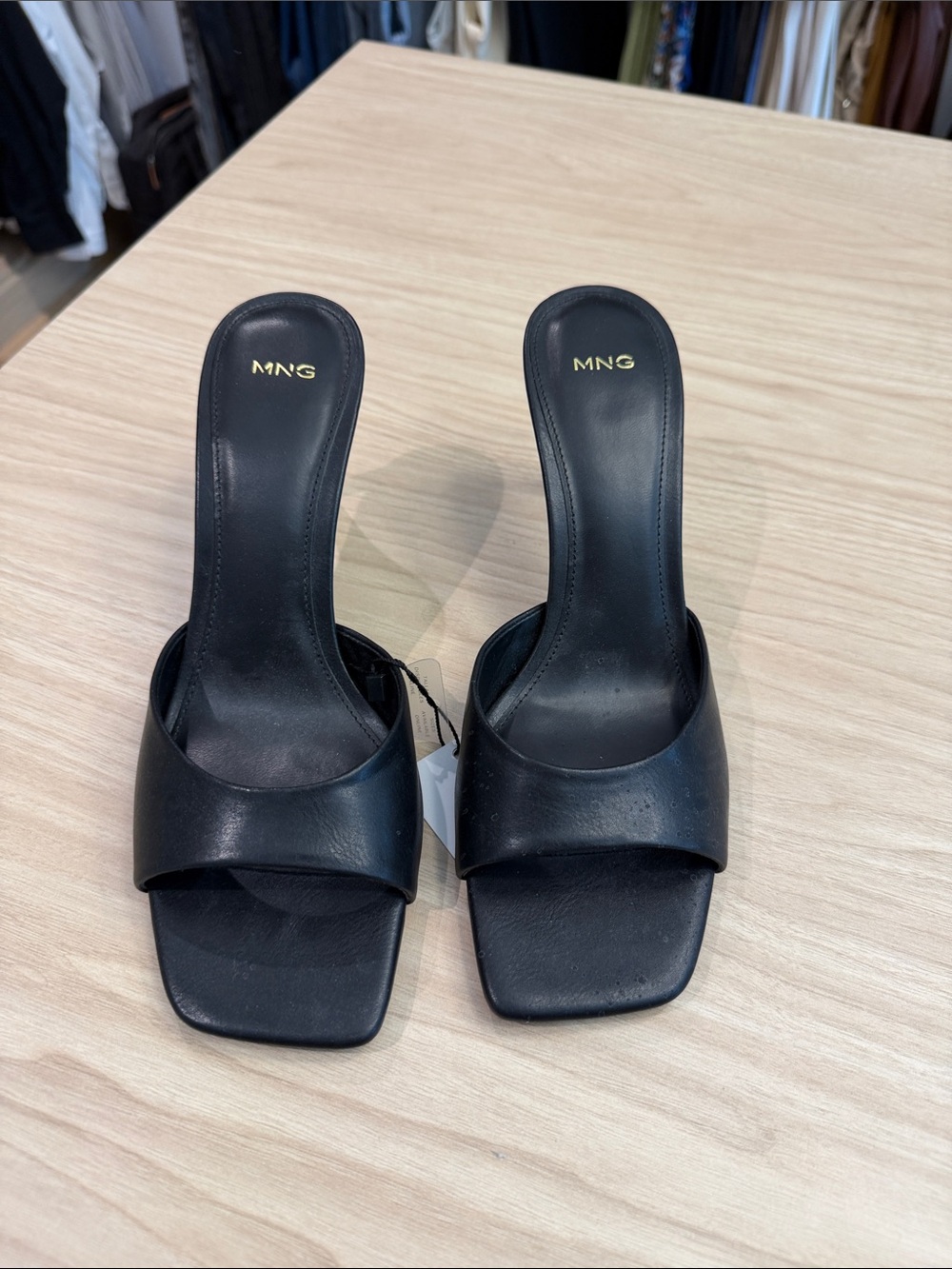 Mango Black Square-Toe Leather Slide Heels